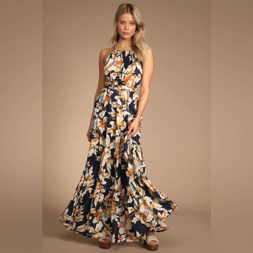 Heat Wave Babe Navy Blue Floral Print Tie-Back Tiered Maxi Dress | NWT | XL